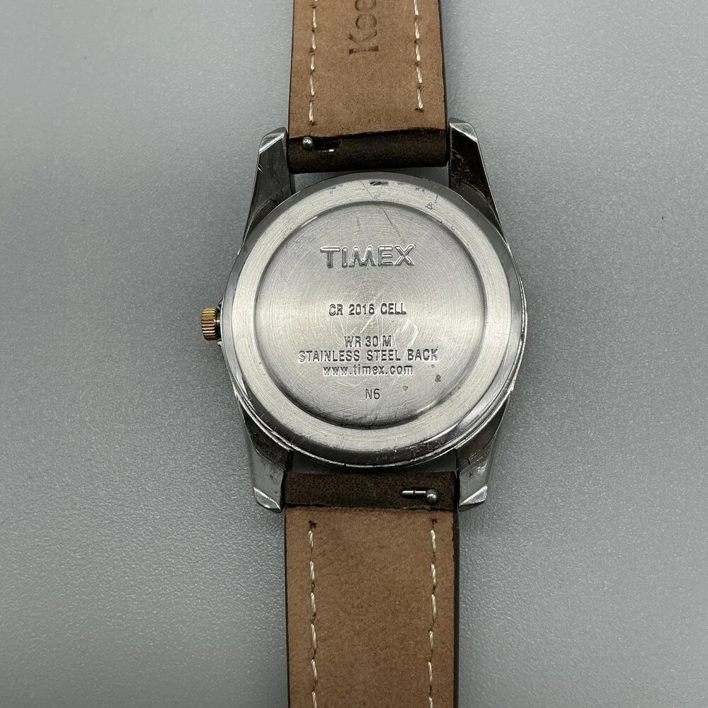 Vtg Timex Indiglo Mens Watch 34mm Two Tone Brown Leather Day Date New Battery